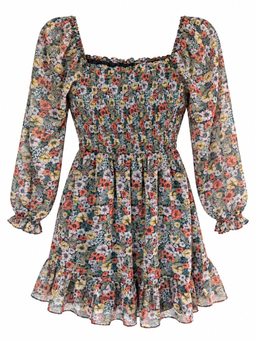 Lauren Conrad Floral Smocked Dress Women’s Small Long Sleeve Metallic Boho Mini